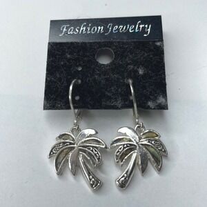 Tropical Palm Tree Earrings, Silver Tone